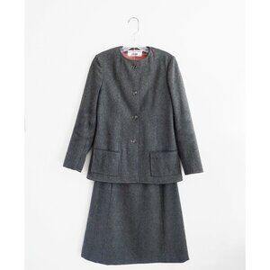 Vtg 70s Halston I. Magnin Grey Wool Midi Skirt Suit est 00 0 2XS XXS XS